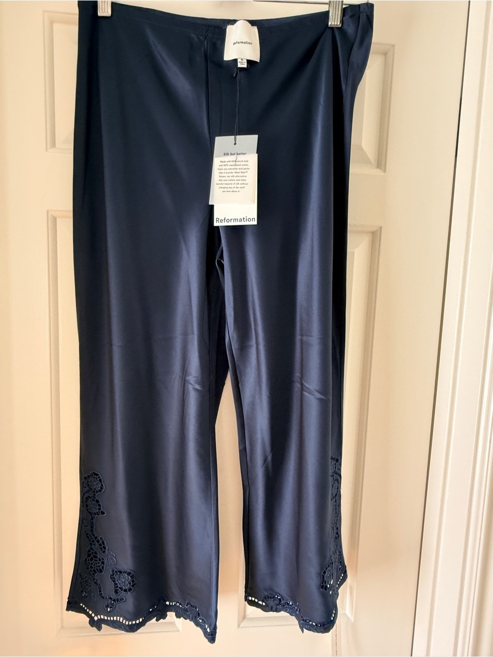 Reformation Navy Satin Cropped Wide-Leg Pants with Side Cutwork - Picture 4 of 5